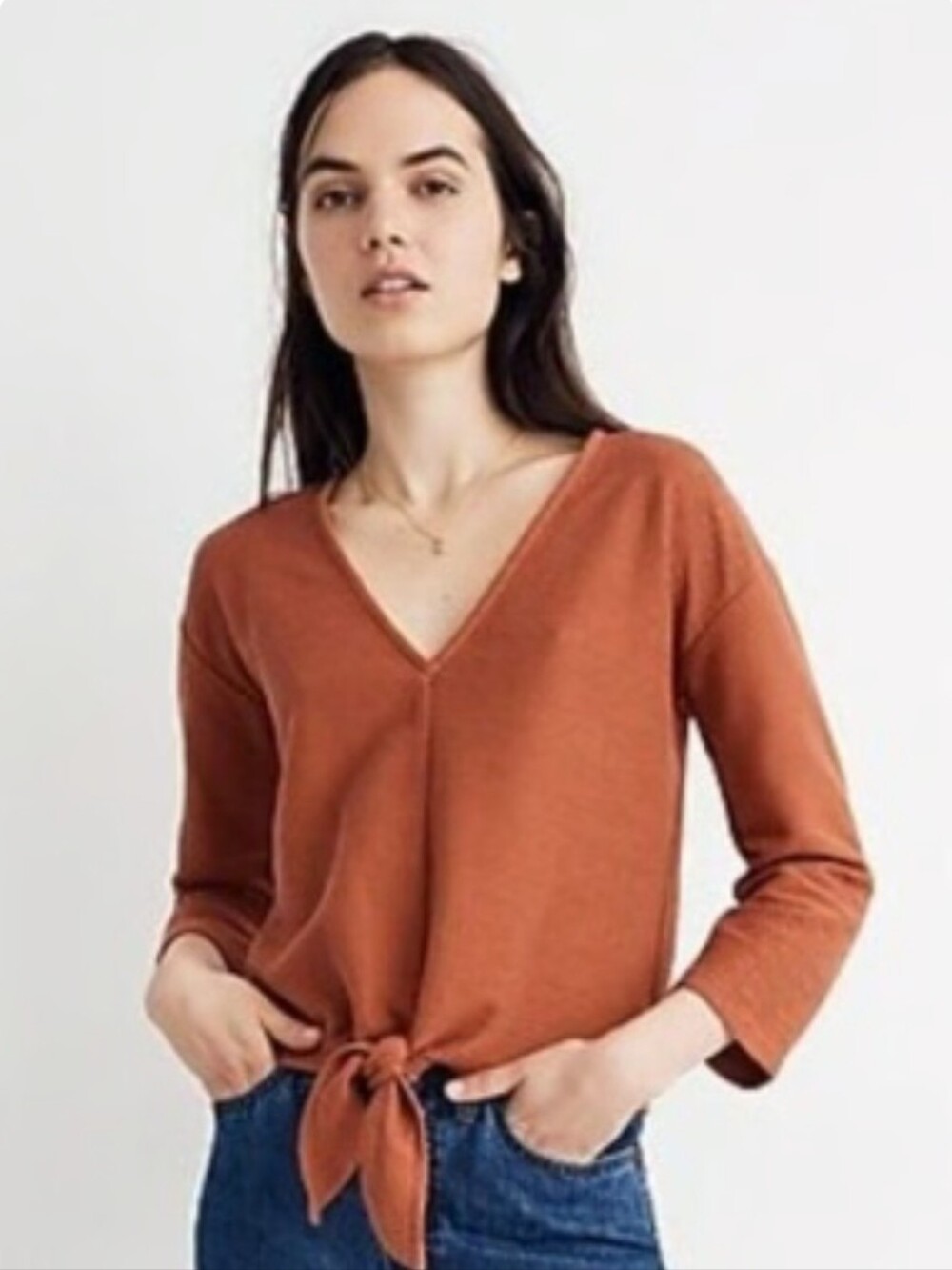 Madewell Rust Tie-Front V-Neck Sweater